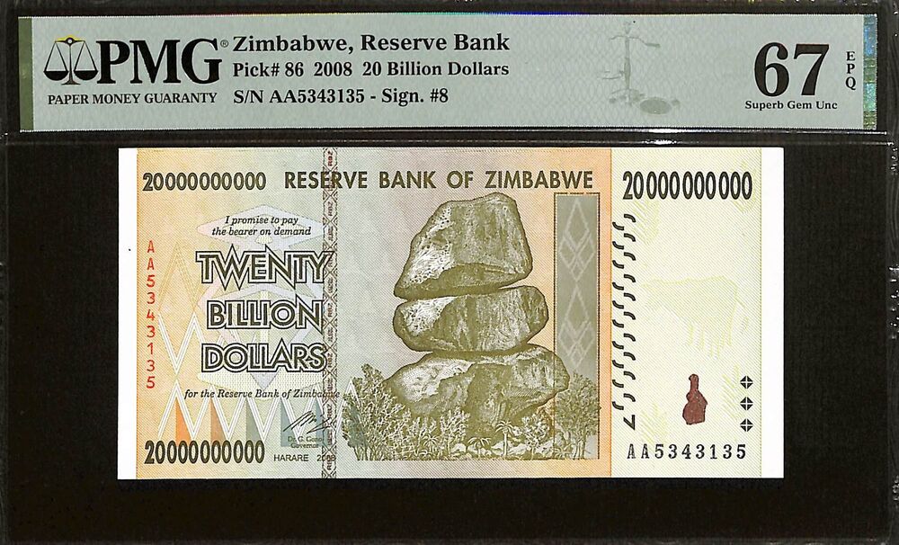 Zimbabwe - 20 Billion Dollars 2008 - Pick # 86 - PMG 67 EPQ