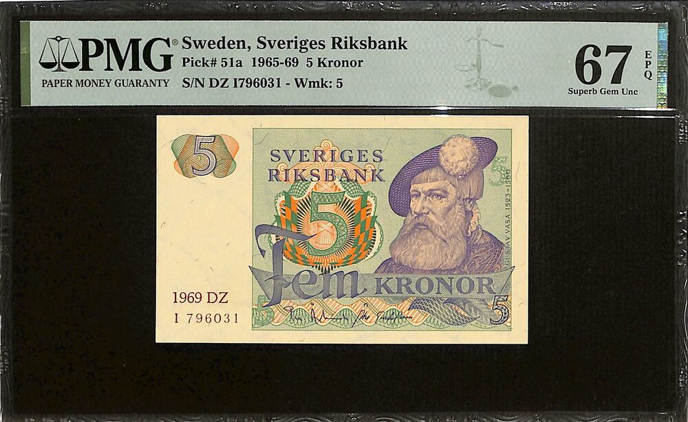 Sweden - 5 Kronor 1965-69 - Pick # 51a - PMG 67 EPQ