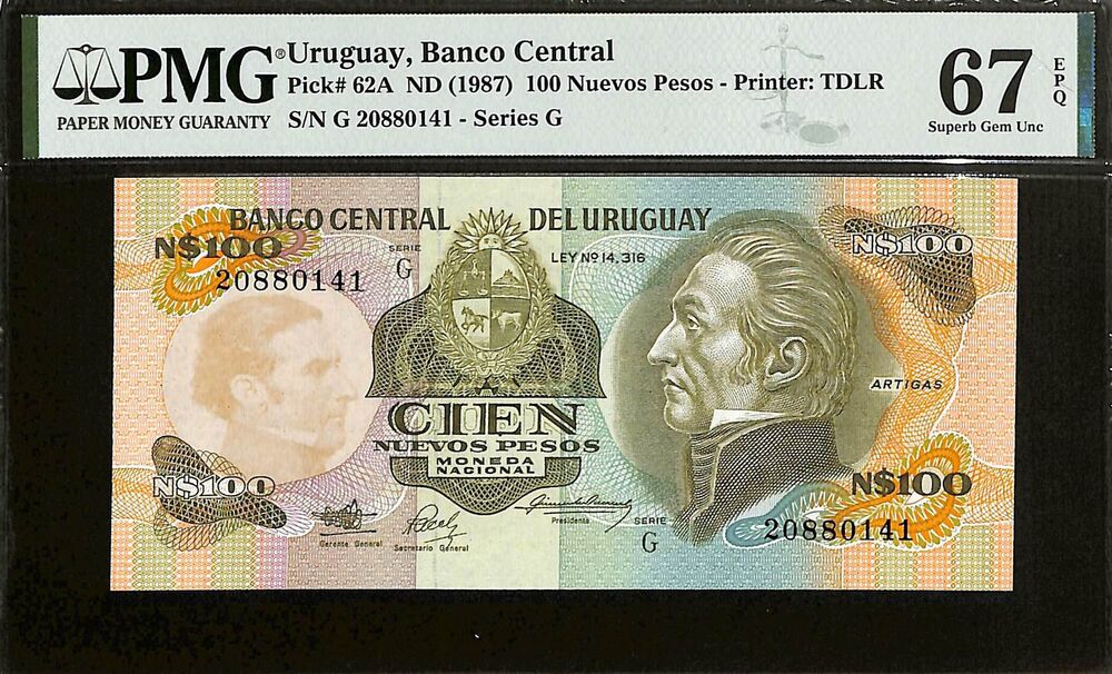 Uruguay - 100 Nuevos Pesos ND (1987) - Pick # 62A - PMG 67 EPQ