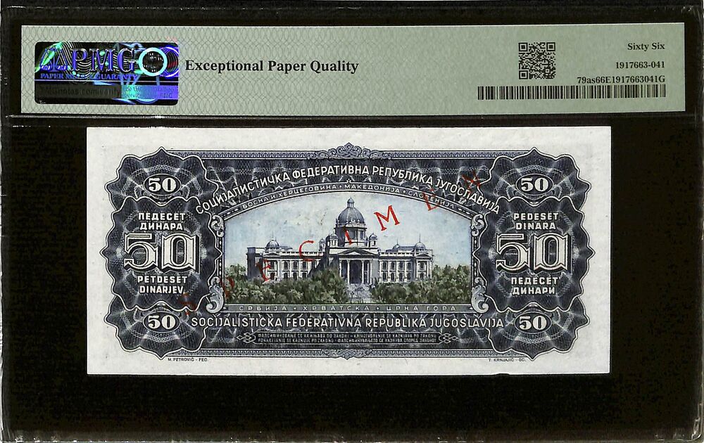 Yugoslavia - 50 Dinara 1965 - Pick # 79as - SPECIMEN - PMG 66 EPQ