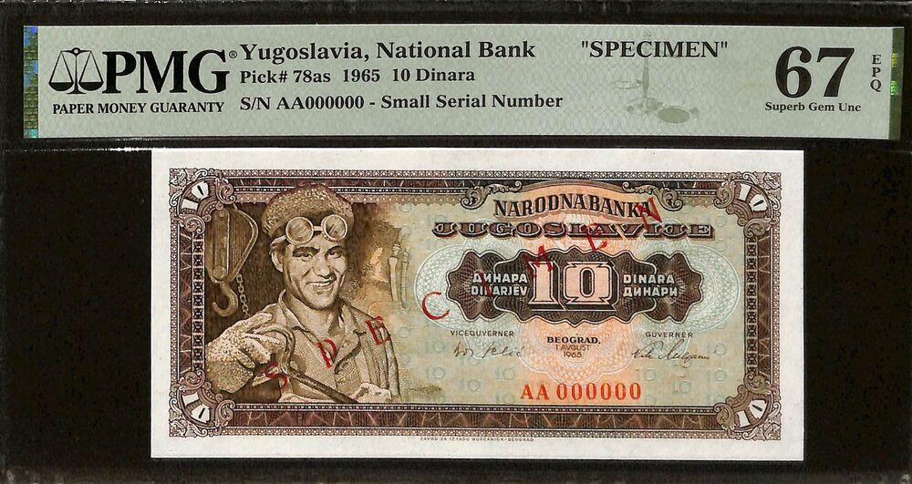Yugoslavia - 10 Dinara 1965 - Pick # 78as - SPECIMEN - PMG 67 EPQ