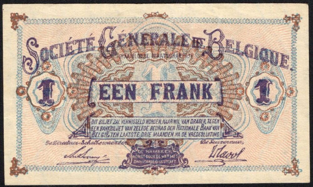 Belgium - 1 Franc 1918 - Pick # 86b - VF