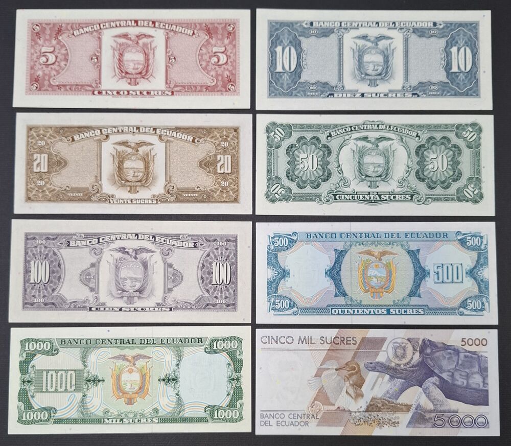 Ecuador - Group of 8 notes 1986/95 - UNC