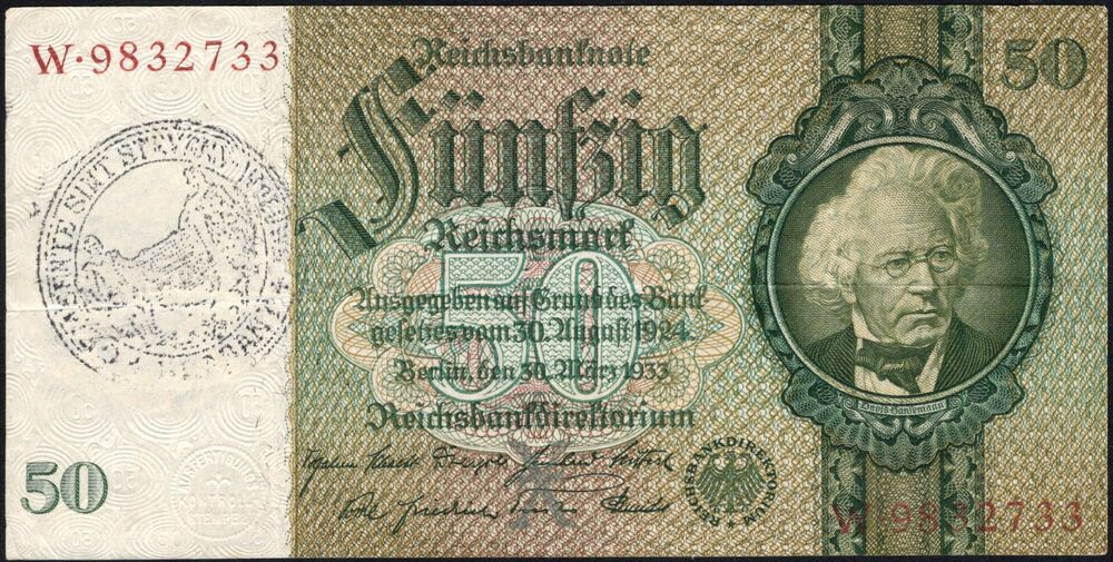 Belgium - German 50 RM 1933 stamped Sint-Stevens-Woluwe - Pick # 182 - VF
