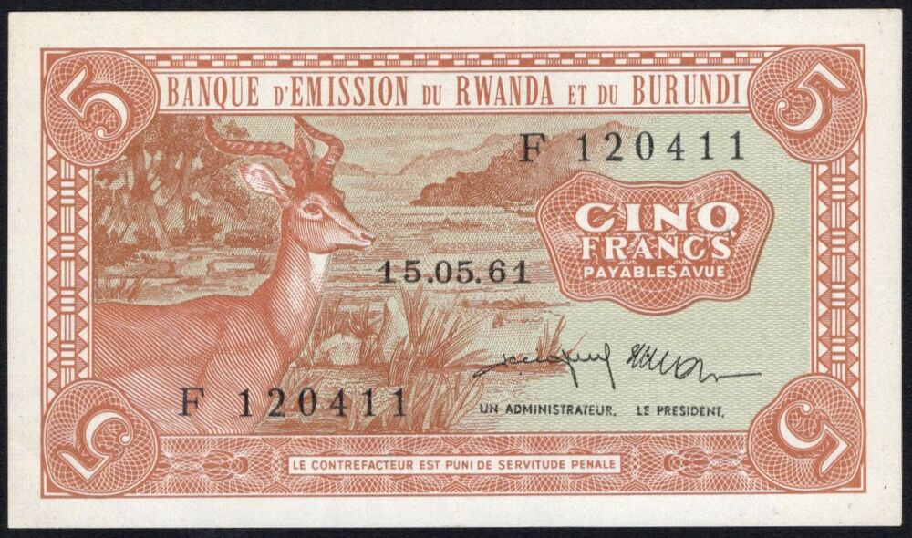Rwanda-Burundi - 5 Francs 1961 - Pick # 1a - XF