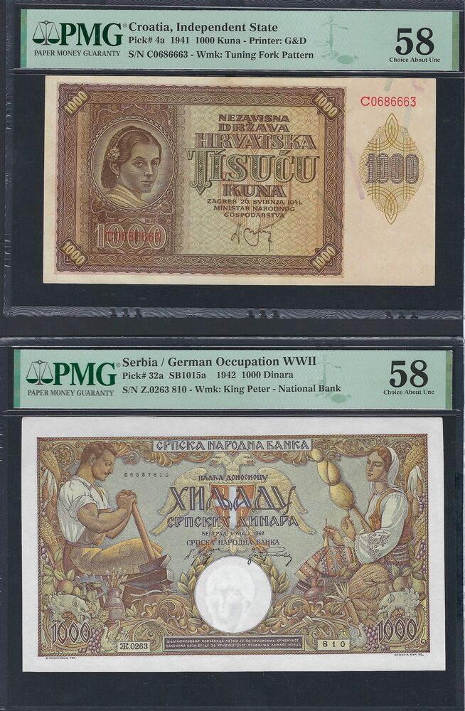 Croatia &  Serbia - 2 PMG graded notes