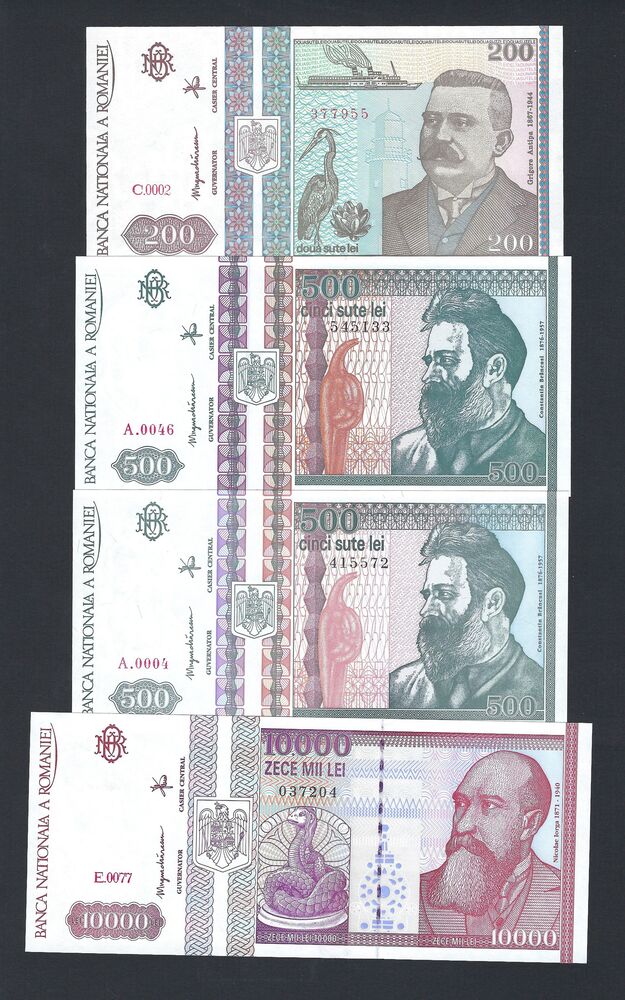 Romania - 200, 500, 500 & 10.000 Lei 1992/94 - UNC