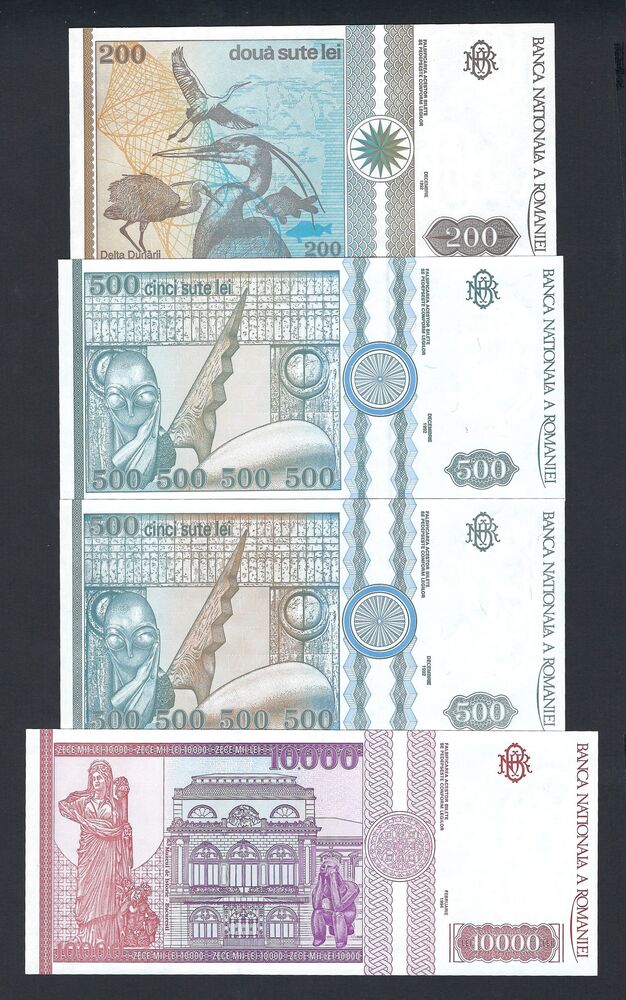 Romania - 200, 500, 500 & 10.000 Lei 1992/94 - UNC