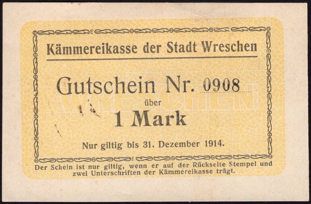 Poland, Emergency Issue - Wrzesnia / Wreschen - 1 Mark WWI