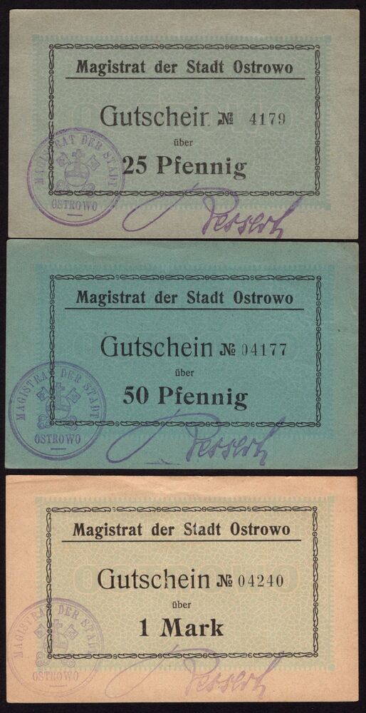 Poland, Emergency Issue - Ostrowo - 0.25, 0.50 and 1 Mark WWI