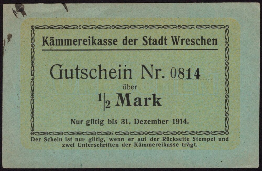 Poland, Emergency Issue - Wrzesnia / Wreschen - 1/2 Mark WWI