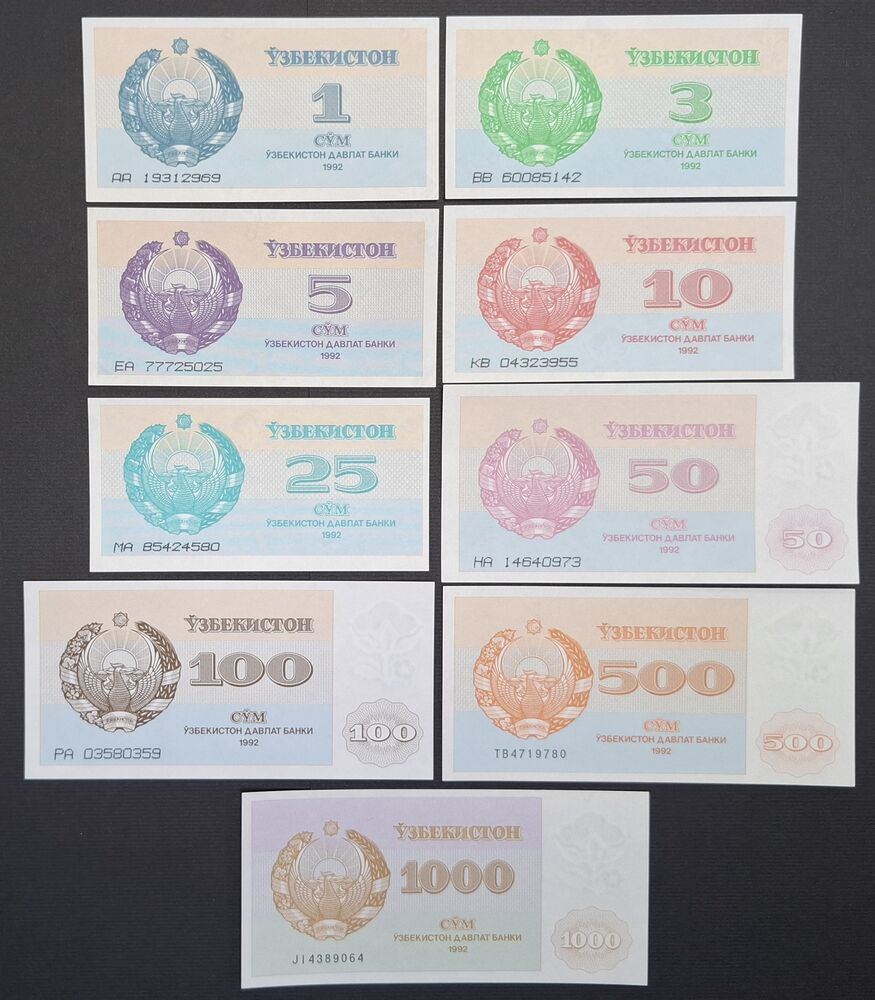 Uzbekistan - Series of 9 notes 1992 - UNC