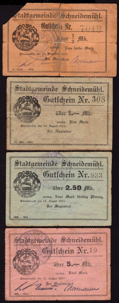 Poland, Emergency Issue - Pila / Schneidemuhl - 1/2, 1, 2.50 & 5 Mark WWI