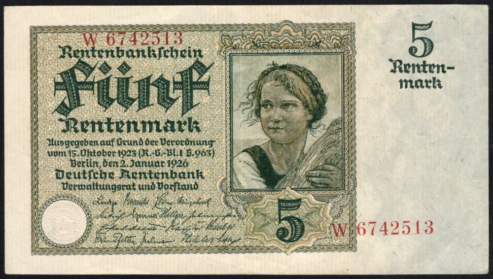 Germany - 5 Rentenmark 1926 - Pick # 169 - aXF