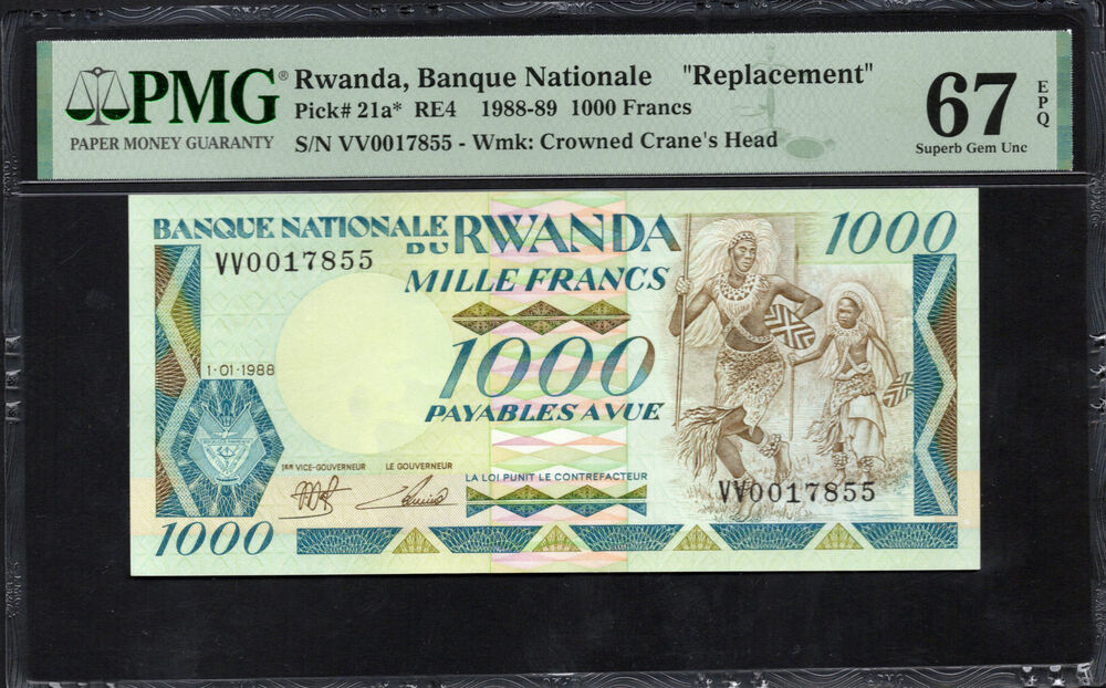 Rwanda - 1000 Francs 1988-89 - Pick # 21a* - REPLACEMENT - PMG 67 EPQ