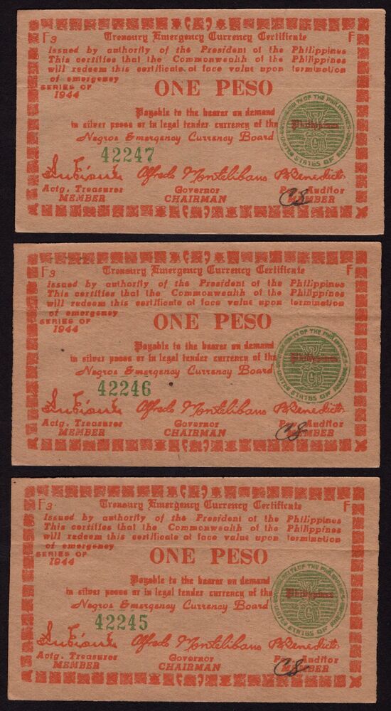 Philippines, Negros - 3 x 1 Peso 1944 - Consecutive - AU/UNC