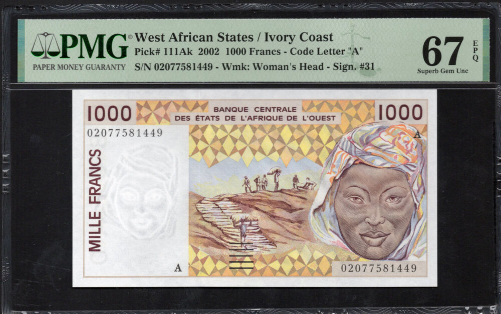 West African States - Ivory Coast - 1000 Francs 2002 - Pick # 111Ak - PMG 67 EPQ