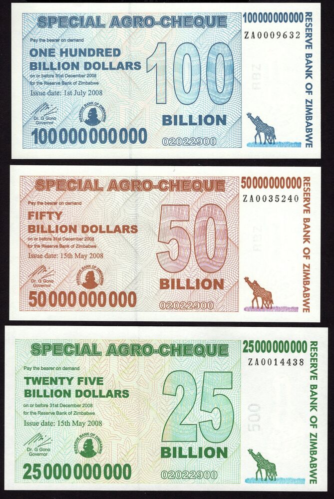 Zimbabwe - 3 Agro-Cheque Replacements - Pick # 62*, 63* & 64* - UNC