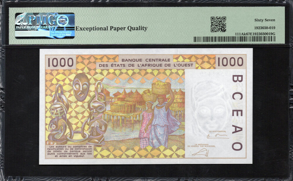 West African States - Ivory Coast - 1000 Francs 2002 - Pick # 111Ak - PMG 67 EPQ
