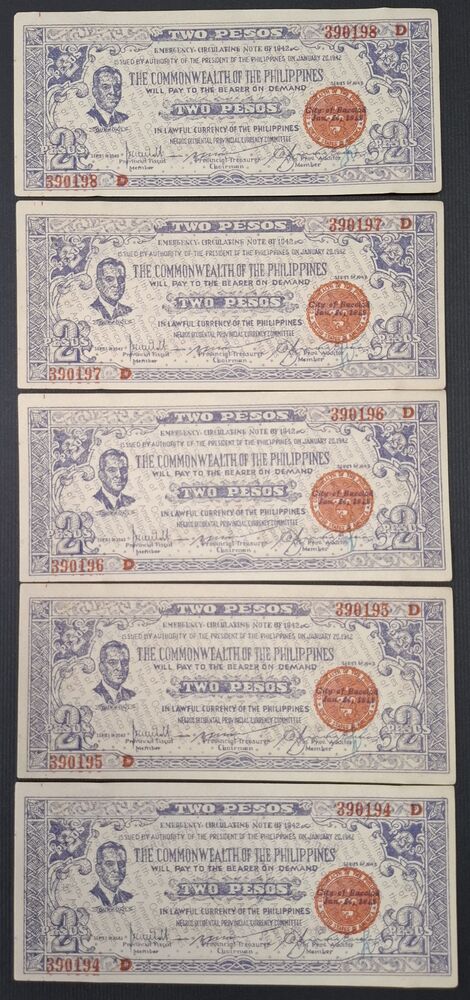 Philippines, Negros - 5 x 2 Pesos 1942 - Consecutive - AU/UNC