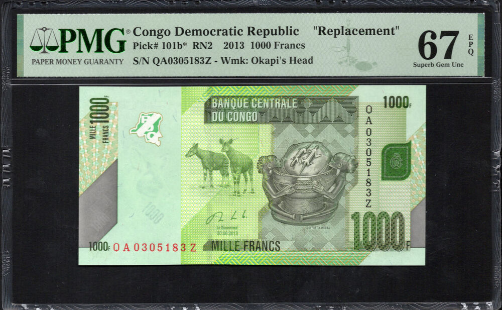 Congo Democratic Republic - 1000 Francs 2013 - Pick # 101b* - REPLACEMENT - PMG 67 EPQ