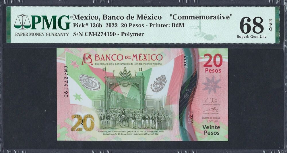 Mexico - 20 Pesos 2022 - Pick # 136b - PMG 68 EPQ