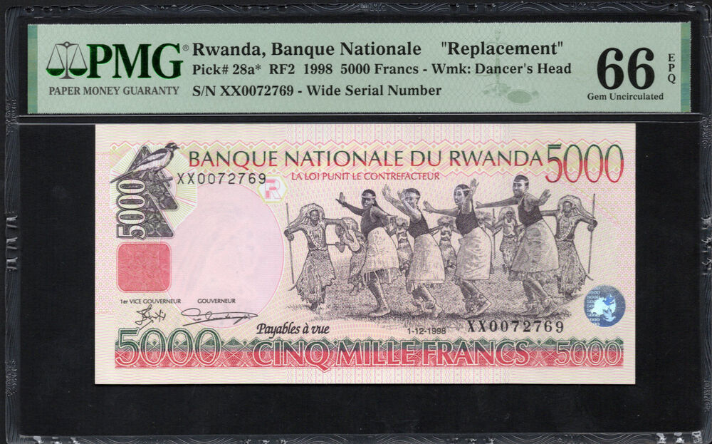 Rwanda - 5000 Francs 1998 - Pick # 28a* - REPLACEMENT - PMG 66 EPQ
