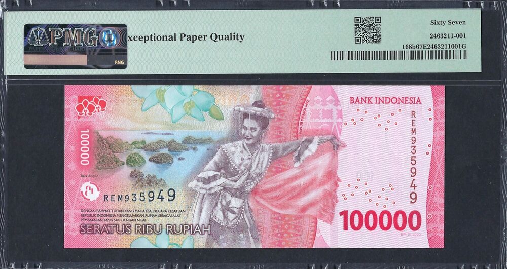 Indonesia - 100.000 Rupiah 2022 - Pick # 168b - PMG 67 EPQ