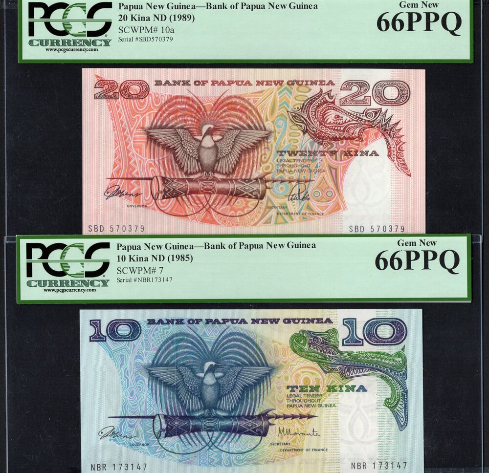 Papua New Guinea - 10 & 20 Kina 1985-1989 - Pick # 7, 10a - Graded PCGSC 66PPQ
