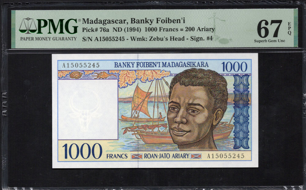 Madagascar - 1000 Francs ND (1994) - Pick # 76a - PMG 67 EPQ