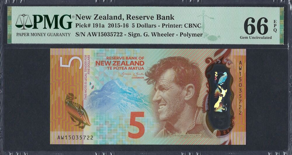 New Zealand - 5 Dollars 2015 - Pick # 191a - PMG 66 EPQ