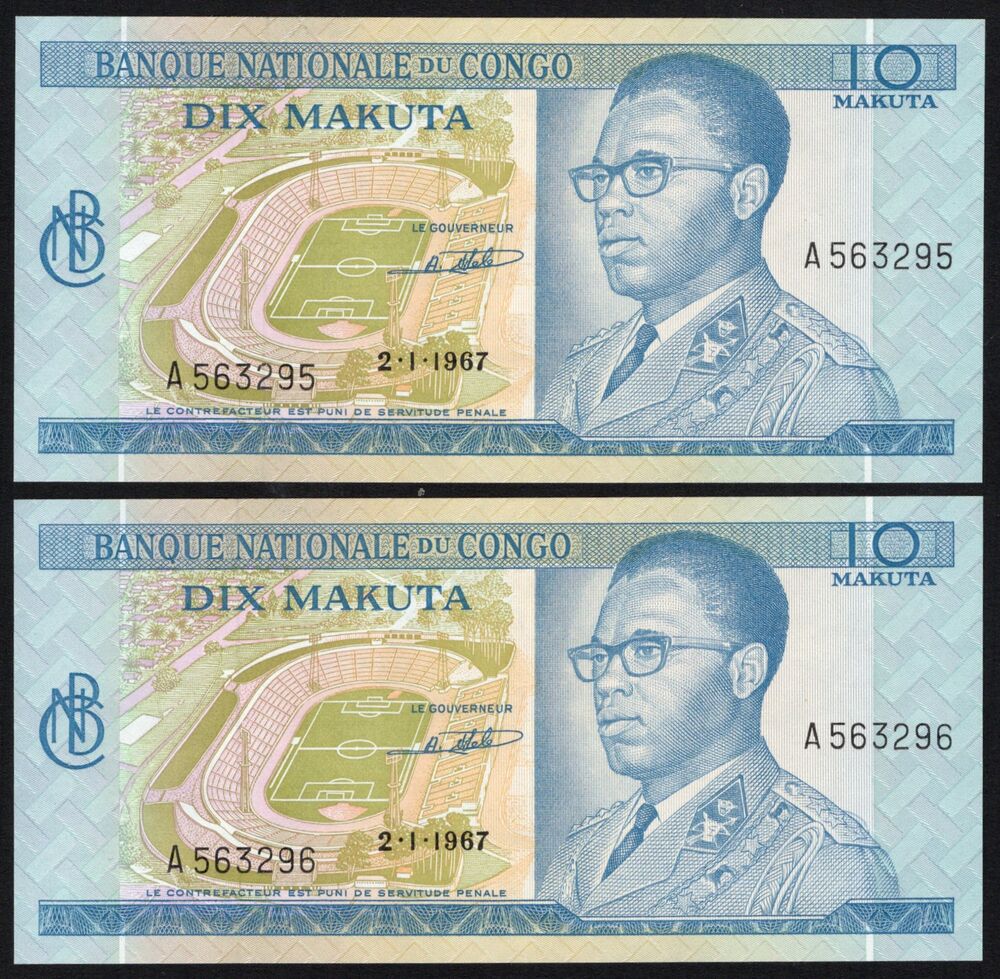 Congo, Democratic Republic - 2 x 10 Makuta 1967 - Pick # 9a - Consecutive - UNC