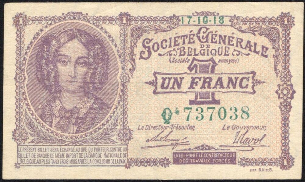 Belgium - 1 Franc 1918 - Pick # 86b - VF