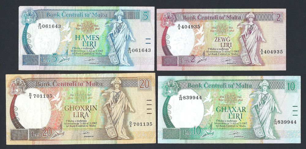 Malta - 2, 5, 10 & 20 Liri L.1967 - Pick # 41, 42, 43, 44 - VF