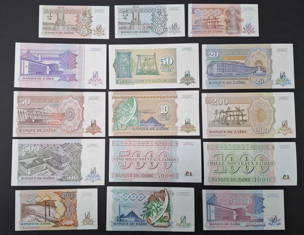 Zaire - Group of 15 notes 1988/95 - UNC