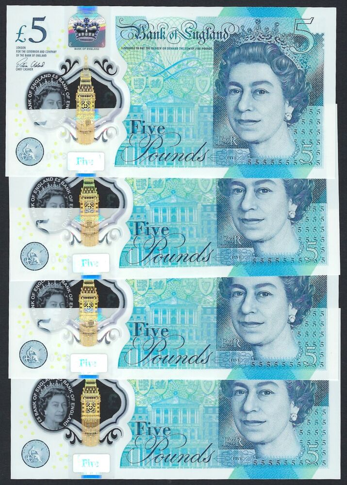 Great Britain - 4 x 5 Pounds 2015 - Pick # 394 - Consecutive - UNC