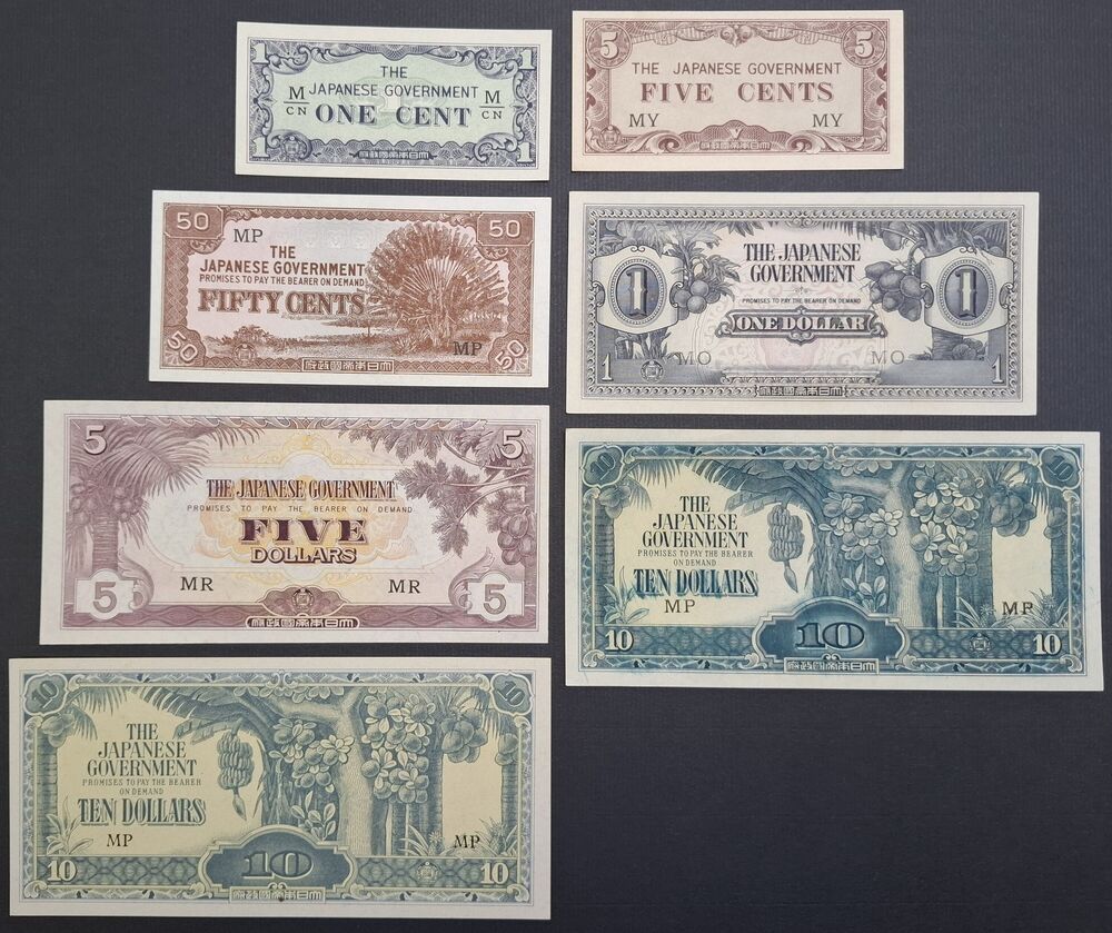 Malaya, Japanese Occupation - Group of 7 Notes 1942/1945 - AU/UNC