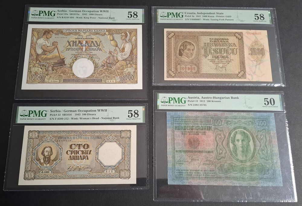 Austria/Croatia/Serbia - Group of 4 PMG Notes - PMG AU 50/58