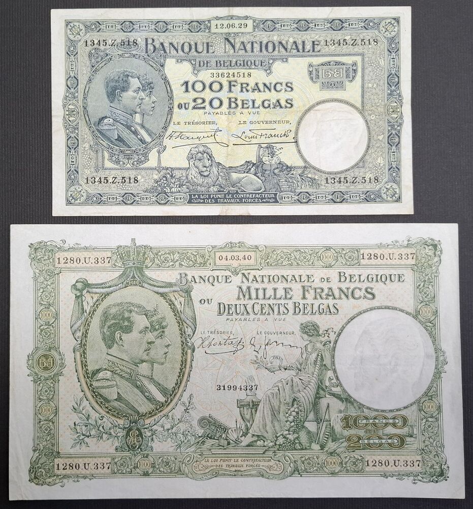 Belgium - 100 & 1000 Francs 1929/1940 - Pick # 102 & 110 - VF