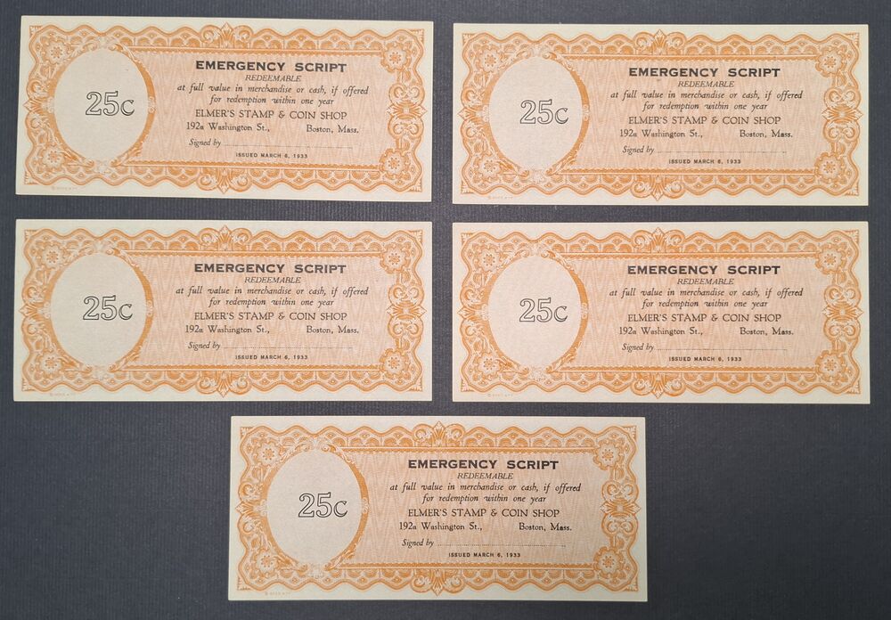 USA - 5 x Coupon 25 Cents 1933 - Elmer's Stamp & Coin Shop - Pick # NL - UNC