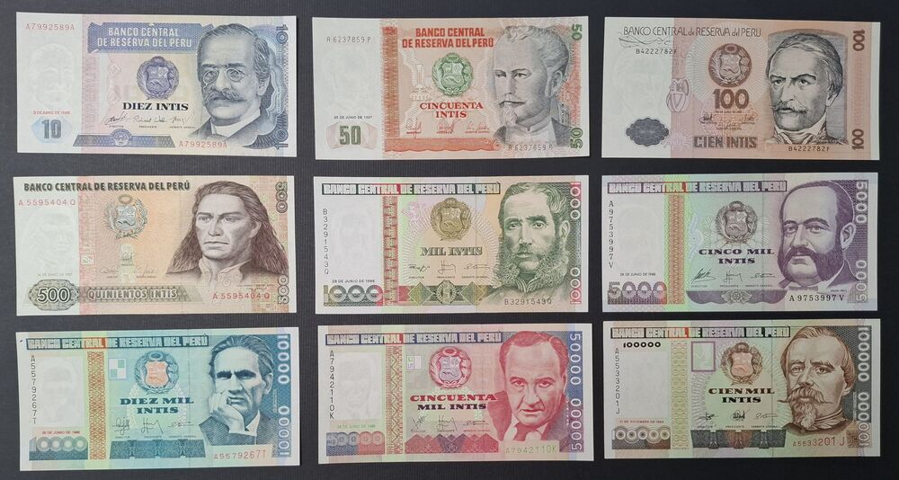 Peru - Series of 9 notes 1985/89 - All UNC