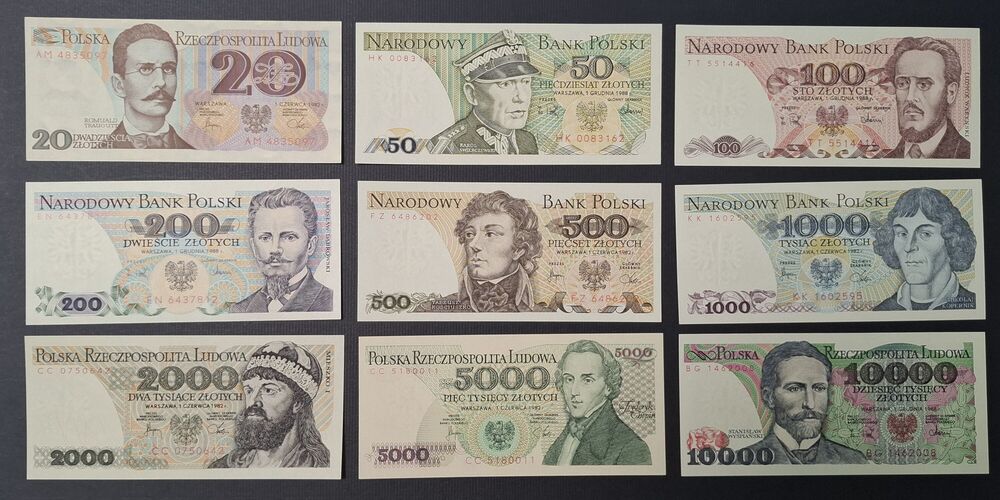 Poland - Series of 9 notes 1982/88 - All UNC
