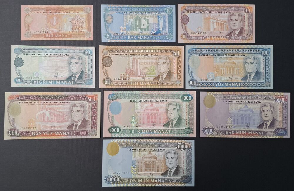 Turkmenistan - 1, 5, 10, 20, 50, 100, 500, 1000, 5000, and 10.000 Manat, 1993/95 Issue - Pick # 1 to 10 - UNC