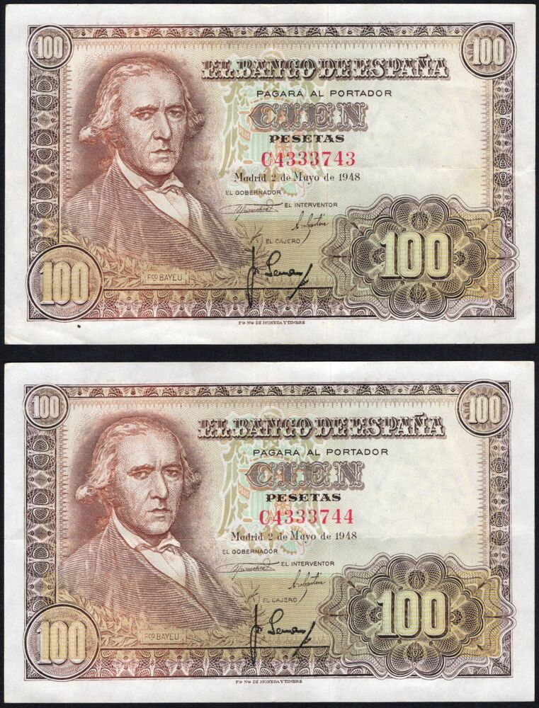 Spain - 2 x 100 Pesetas 1948 - Pick # 137 - Consecutive - gVF