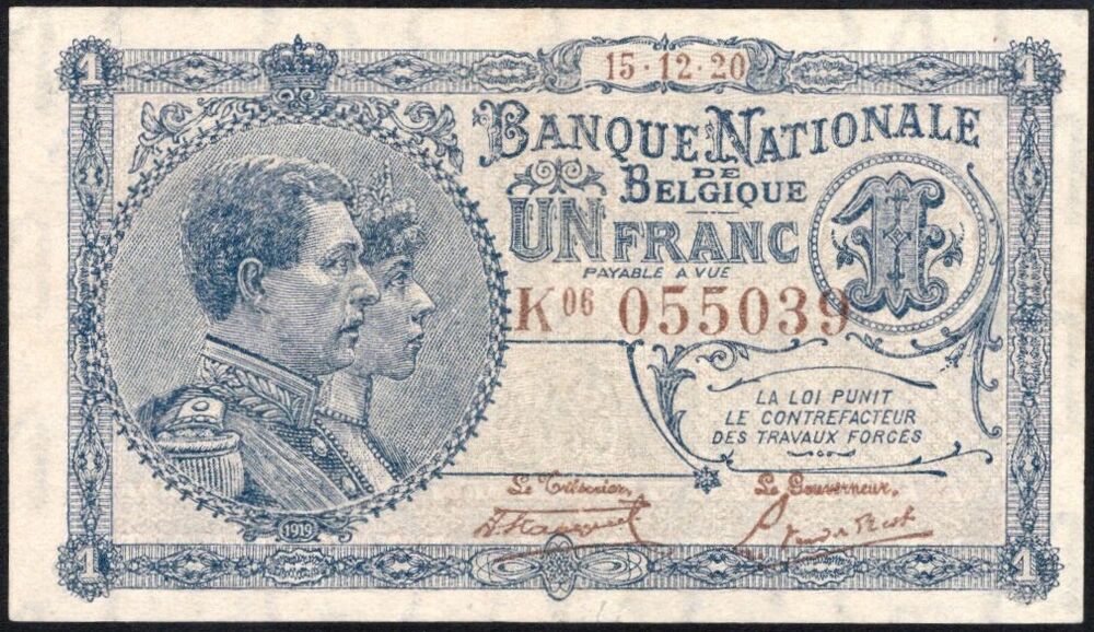 Belgium - 1 Franc 1920 - Pick # 92 - XF