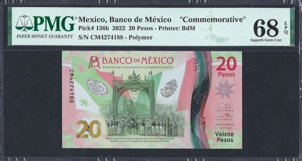 Mexico - 20 Pesos 2022 - Pick # 136b - PMG 68 EPQ