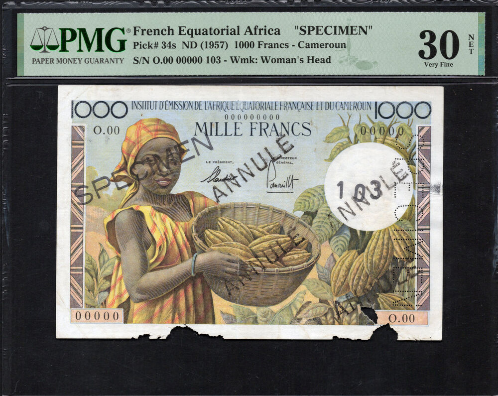 French Equatorial Africa - 1000 Francs ND (1957) - Pick # 34s - SPECIMEN - PMG 30