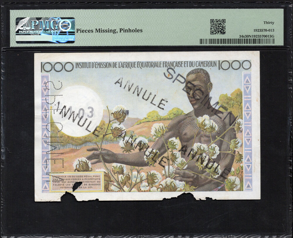 French Equatorial Africa - 1000 Francs ND (1957) - Pick # 34s - SPECIMEN - PMG 30