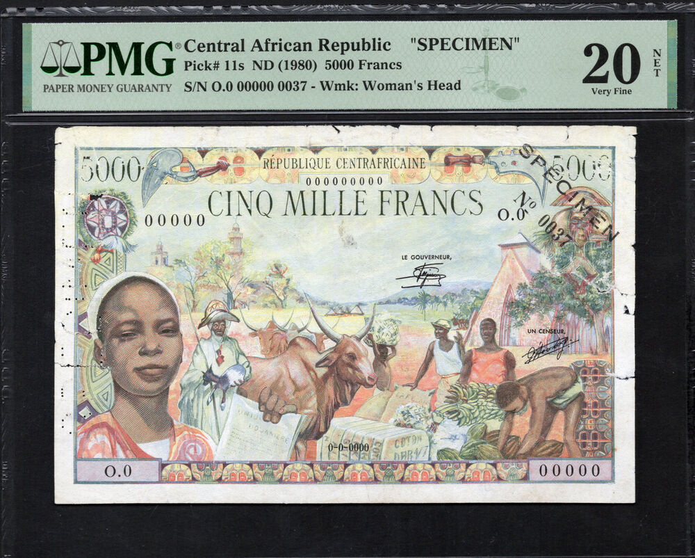 Central African Republic - 5000 Francs ND (1980) - Pick # 11s - SPECIMEN - PMG 20