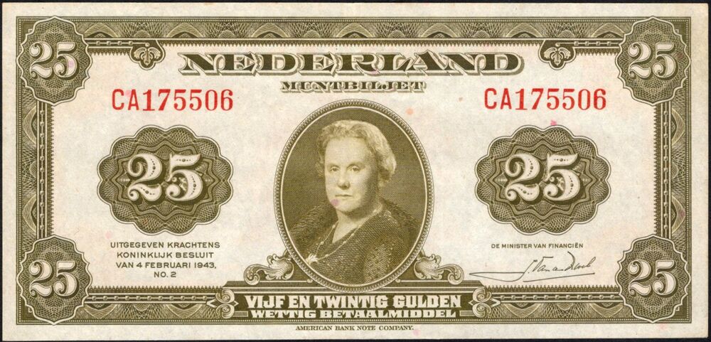 Netherlands - 25 Gulden 1943 - Pick # 67 - XF+/AU